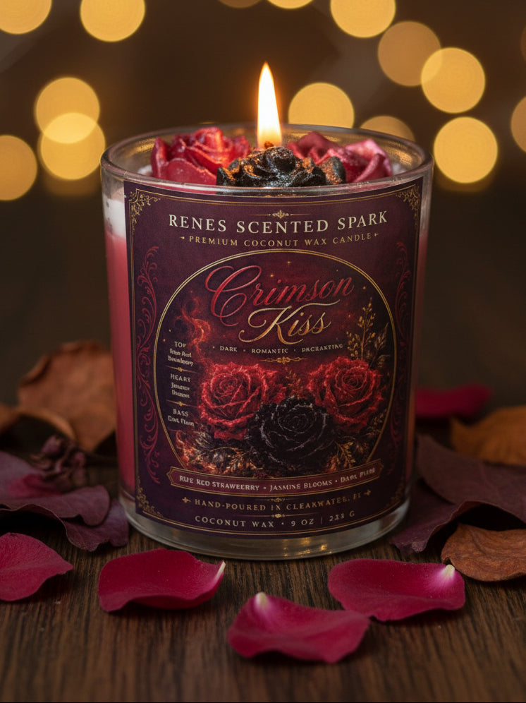 Crimson Kiss coconut wax candle glowing with sculpted red and black rose toppers, surrounded by rose petals and warm golden lights for a dark romantic fall setting.