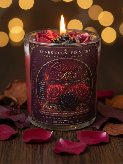 Crimson Kiss coconut wax candle glowing with sculpted red and black rose toppers, surrounded by rose petals and warm golden lights for a dark romantic fall setting.
