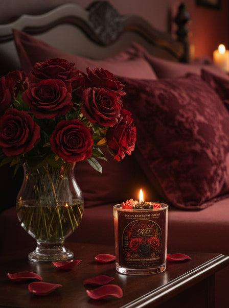 Crimson Kiss coconut wax candle glowing beside a vase of deep red roses, styled with burgundy bedding and scattered rose petals for a rich romantic setting.