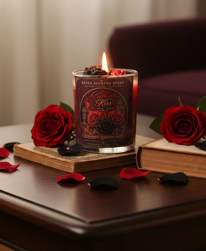 Crimson Kiss coconut wax candle burning on vintage books with red roses and scattered crimson and black rose petals in a warm romantic setting.
