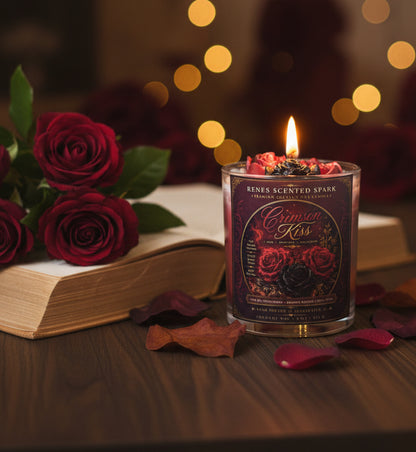 Crimson Kiss coconut wax candle burning beside deep red roses and an open book, with scattered rose petals and warm golden lights in the background.