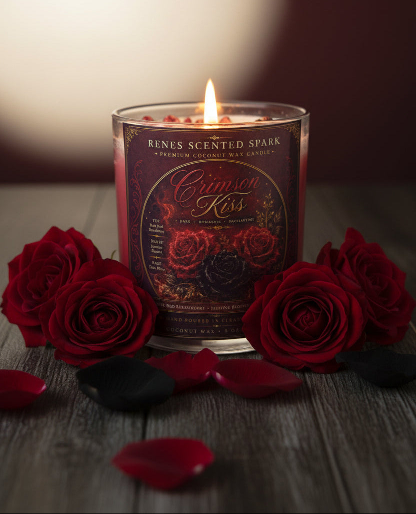 Crimson Kiss coconut wax candle burning on a dark wood surface, surrounded by deep red roses and scattered crimson and black rose petals.