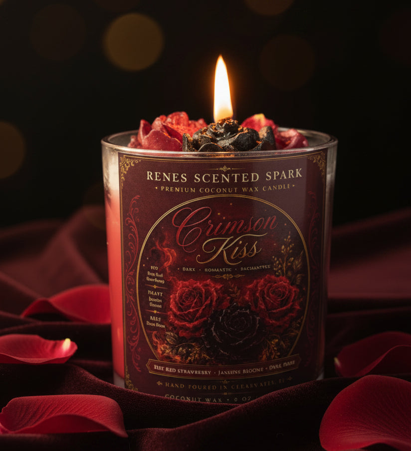 Crimson Kiss coconut wax candle glowing with sculpted red and black rose toppers, surrounded by rose petals and warm golden lights for a dark romantic fall setting.