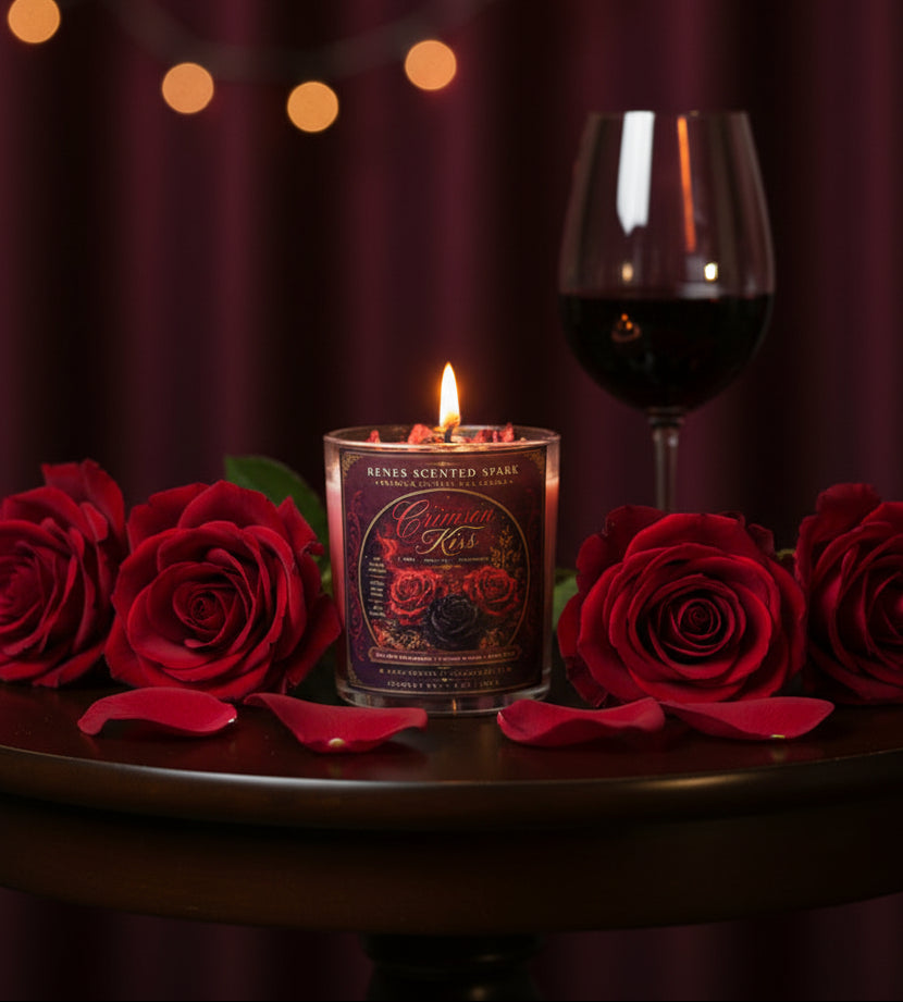 Crimson Kiss coconut wax candle burning beside deep red roses and scattered rose petals, with a wine glass and warm golden lights in a romantic evening setting.