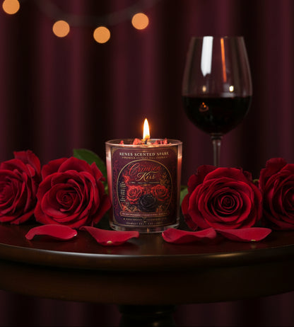Crimson Kiss coconut wax candle burning beside deep red roses and scattered rose petals, with a wine glass and warm golden lights in a romantic evening setting.