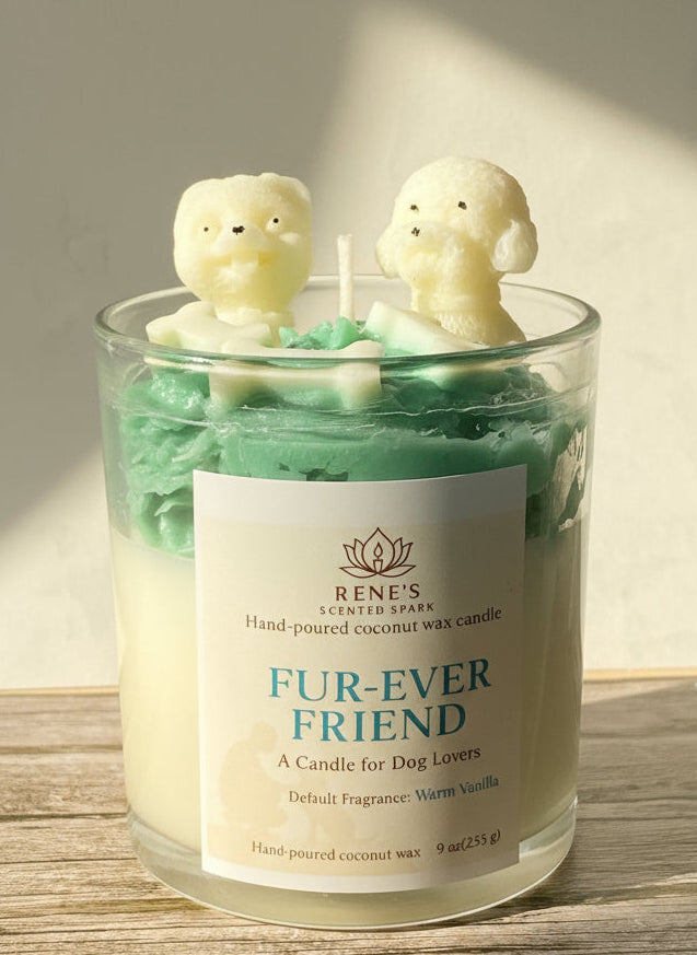 Candle with dog-shaped candle melts labeled 'Fur-Ever Friend' on a wooden surface.