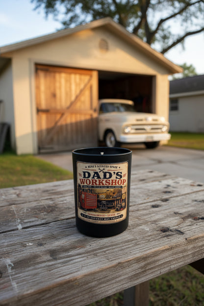 Dad's Workshop sandalwood candle sitting outdoors on a wooden surface near a rustic garage shed in natural light