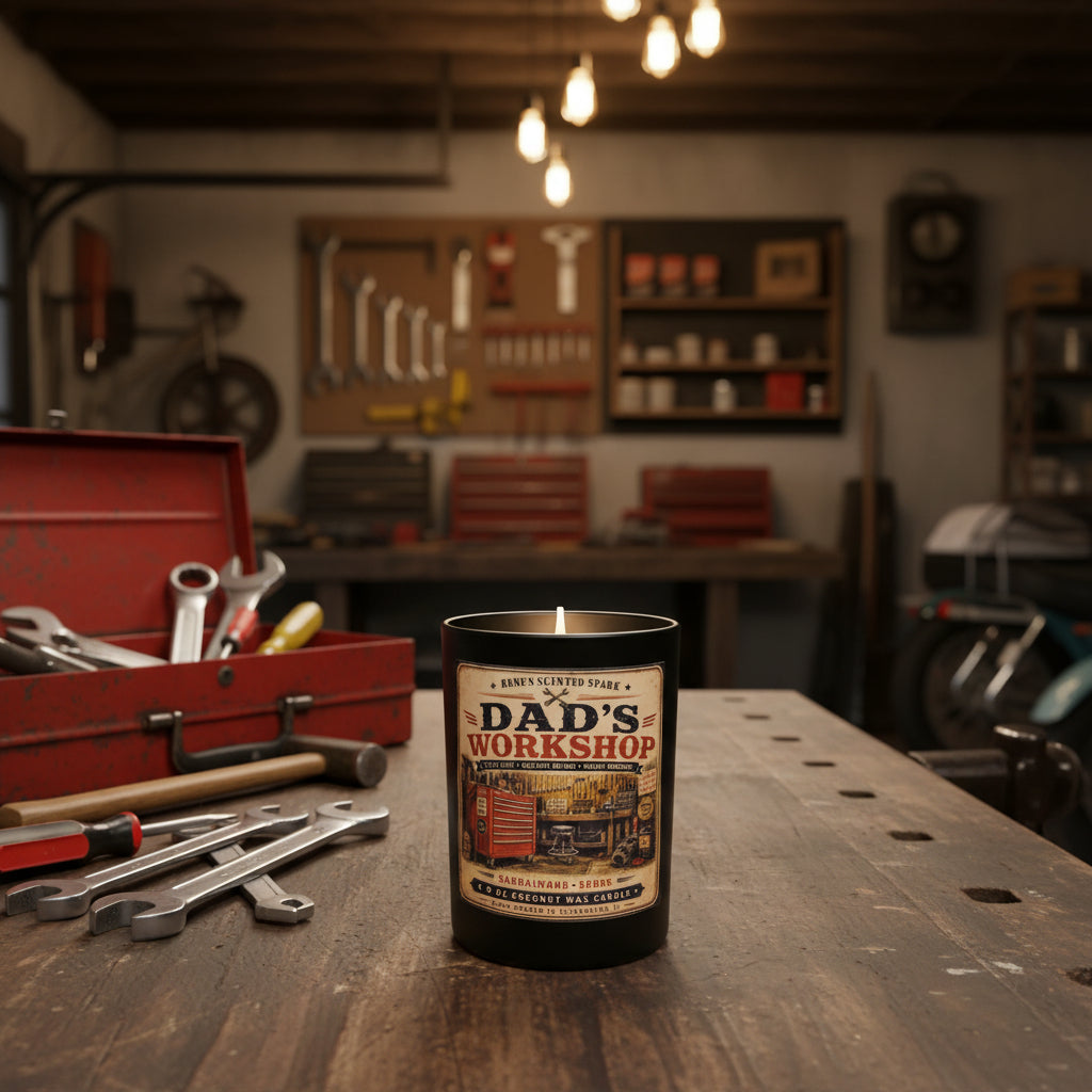 Dad's Workshop sandalwood suede candle on a wooden workbench in a classic garage with tools and warm lighting