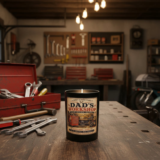 Dad's Workshop sandalwood suede candle on a wooden workbench in a classic garage with tools and warm lighting