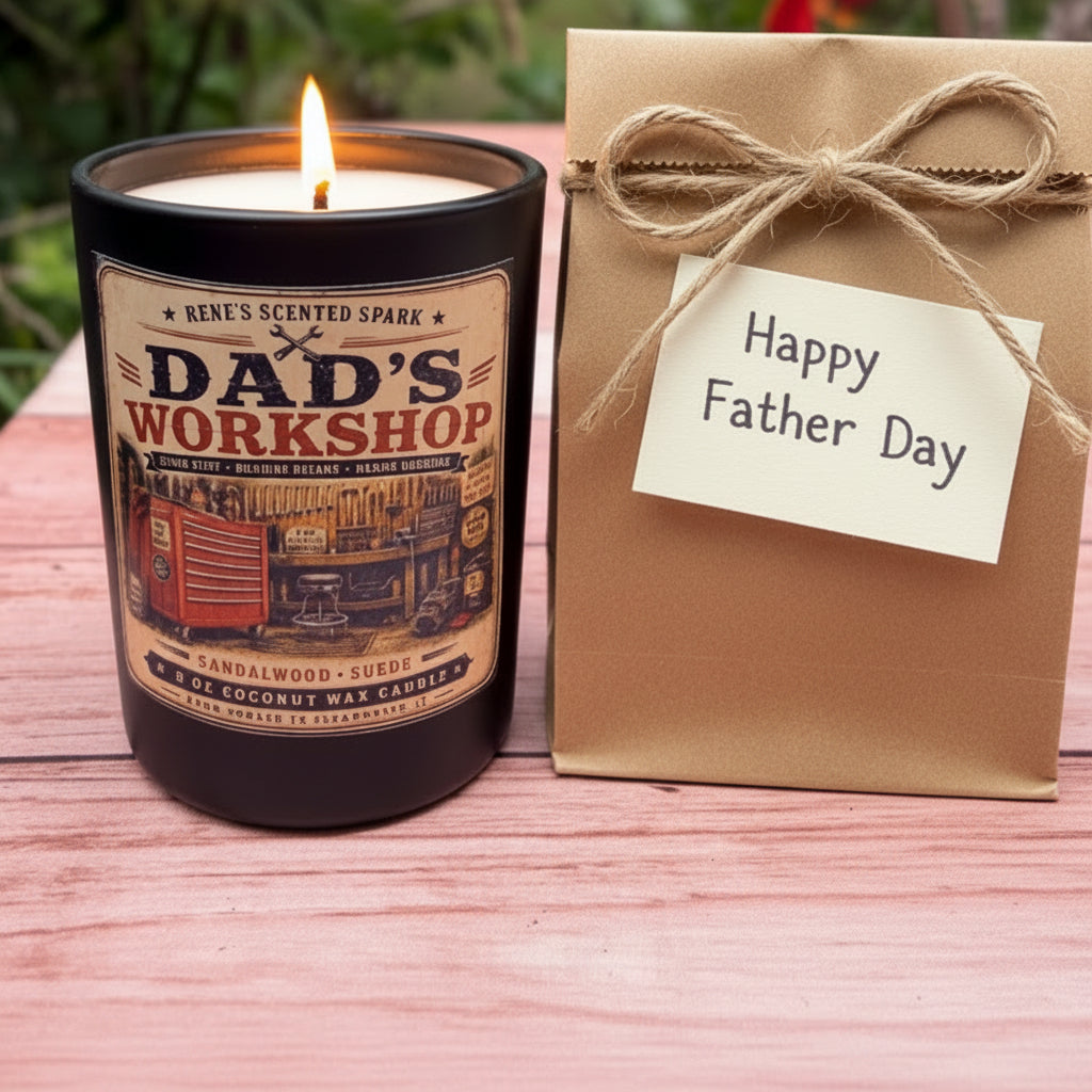 Dad's Workshop Father's Day candle in a gift bag with Happy Father's Day tag on a pink wooden surface
