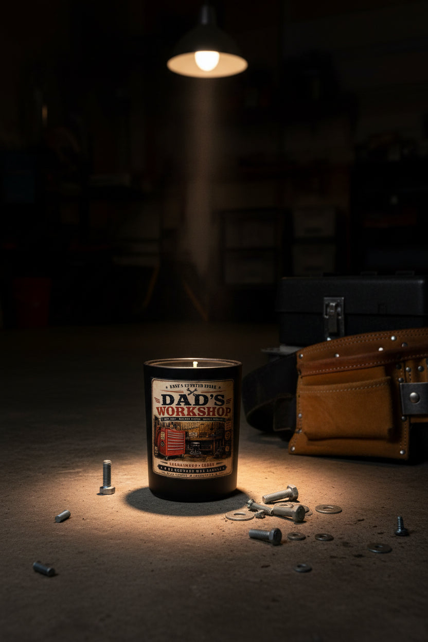 Dad's Workshop masculine candle dramatically lit by a single spotlight in a dark garage atmosphere
