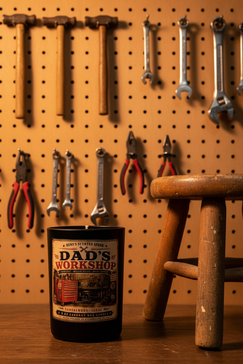 Dad's Workshop candle displayed in front of a pegboard wall with hanging tools in a rustic workshop setting