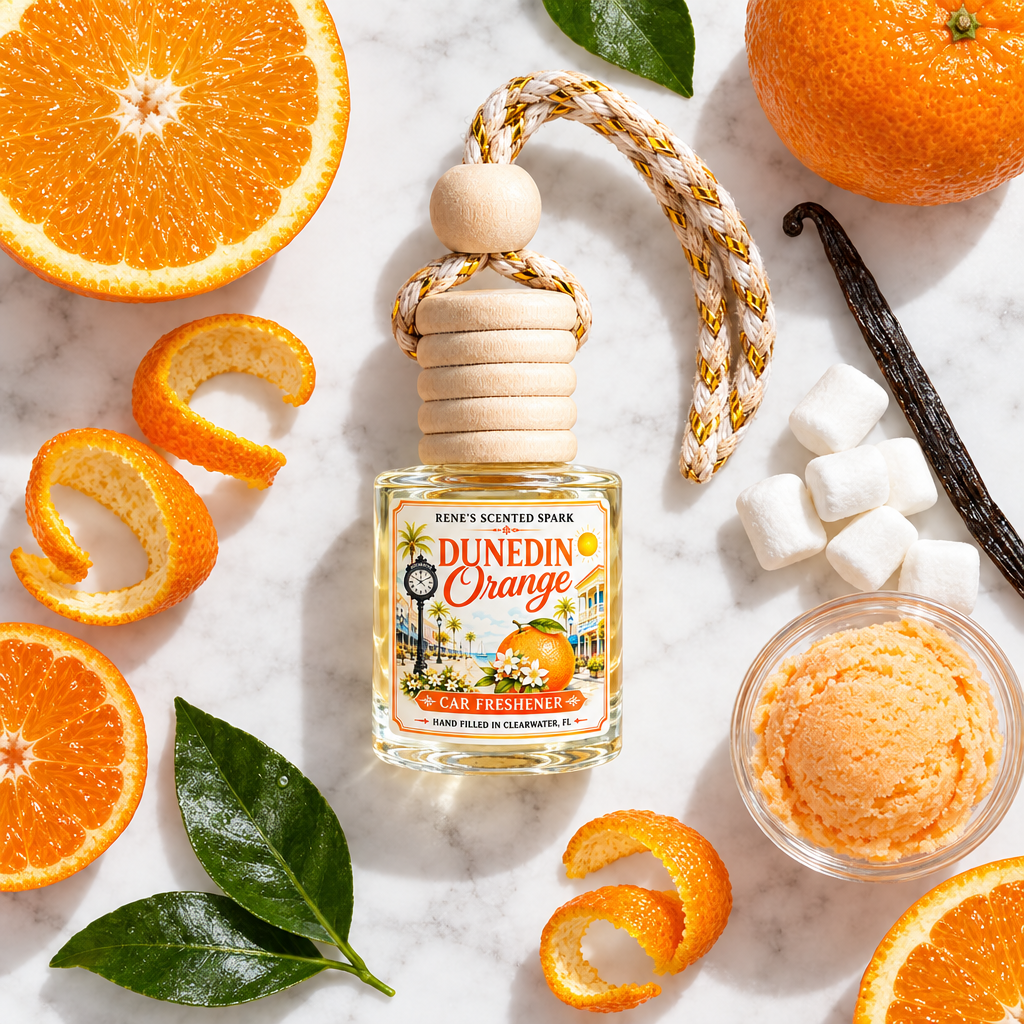 Dunedin Orange creamsicle car freshener with oranges, mandarins, vanilla bean, marshmallows and orange sherbet