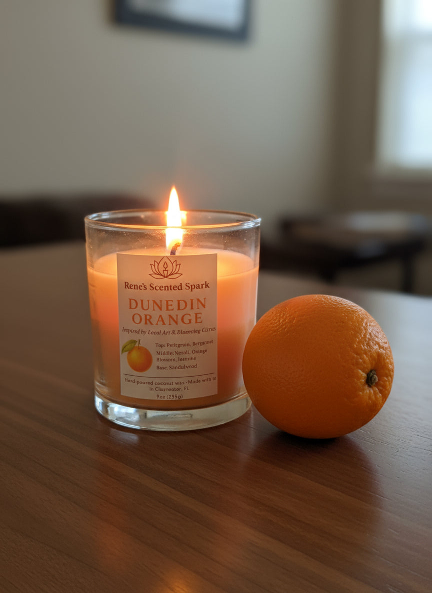 Candle labeled 'Dunedin Orange' next to an orange on a wooden surface