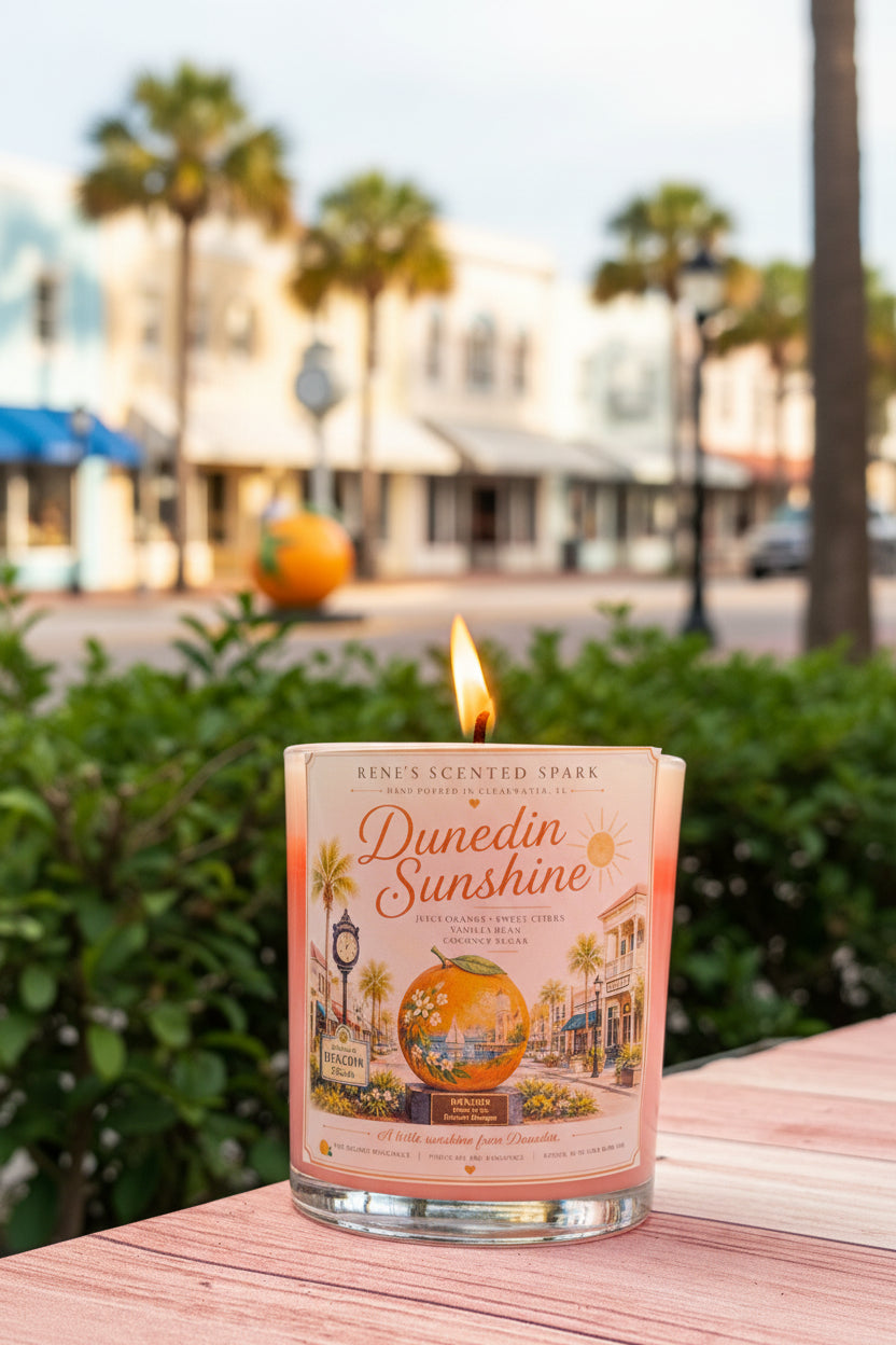 A lit scented candle in a clear glass jar sits on a wooden surface outdoors, with a blurred street scene featuring palm trees and buildings in the background. The label reads 'Dunedin Sunshine' Renes Scented Spark.