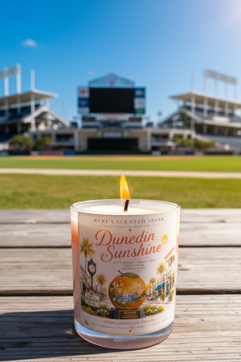 Lit Dunedin Sunshine hand-poured coconut wax candle displayed outside a baseball stadium in Dunedin, Florida. Citrus-inspired candle celebrating sunny Florida days and local charm.