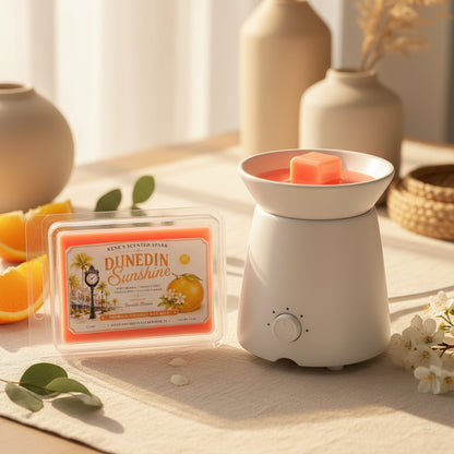 Dunedin Sunshine orange citrus wax melts by Rene’s Scented Spark beside a white electric wax warmer with an orange wax cube melting in a bright, cozy home setting.