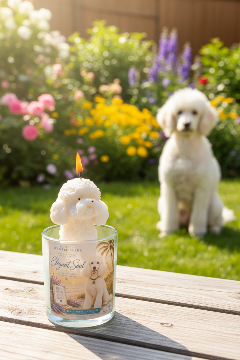 Hand-poured coconut wax poodle candle with a sculpted white poodle wax topper and Elegant Soul label displayed on a wooden table, with a fluffy white poodle sitting in a colorful flower garden in the background.