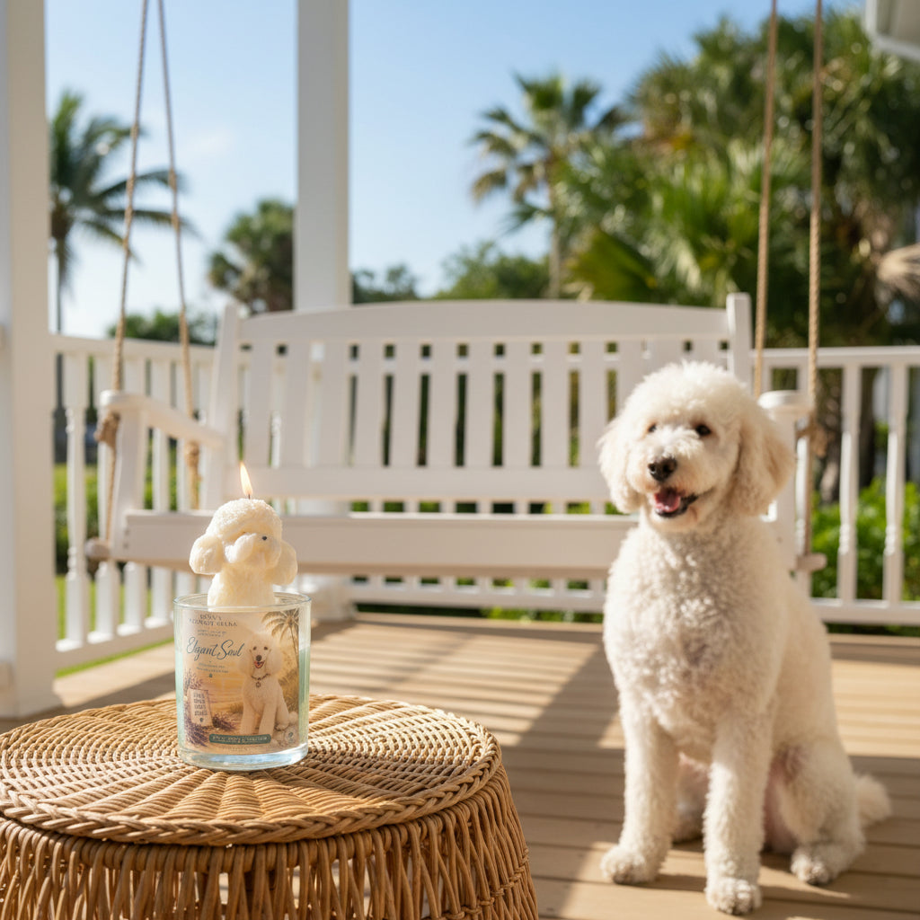 Hand-poured coconut wax poodle candle with a white poodle-shaped wax topper and Elegant Soul label displayed on a woven wicker table beside a smiling white poodle on a sunny front porch with a porch swing and palm trees