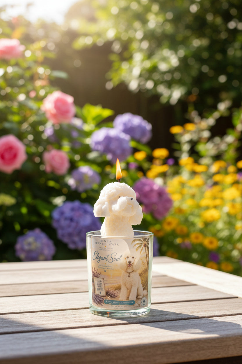 Hand-poured coconut wax poodle candle with a sculpted white poodle wax topper and Elegant Soul label, displayed on a wooden table in a colorful flower garden with blooming hydrangeas, roses, and yellow flowers.