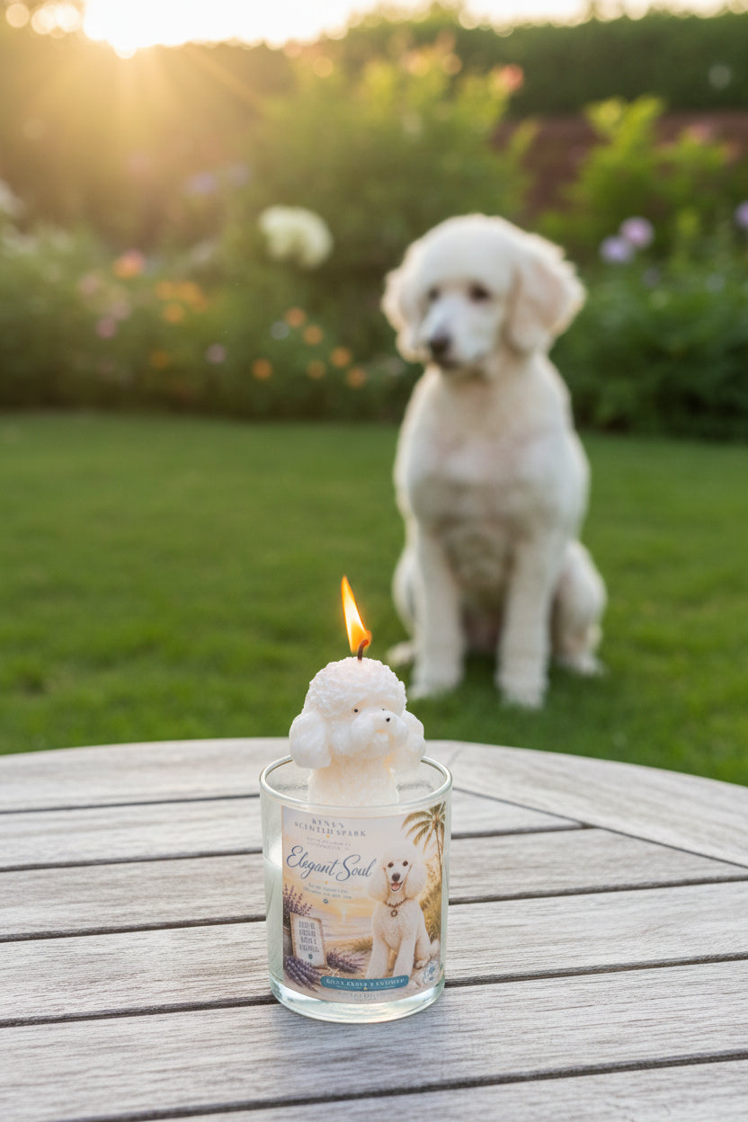 Hand-poured coconut wax poodle candle with a white poodle-shaped wax topper and Elegant Soul label, displayed on a patio table with a fluffy white poodle sitting in a sunlit garden at sunset.