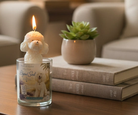 Hand-poured coconut wax poodle candle with a sculpted white poodle wax topper and Elegant Soul label, displayed beside stacked books and a small succulent on a wooden table in a cozy living room.