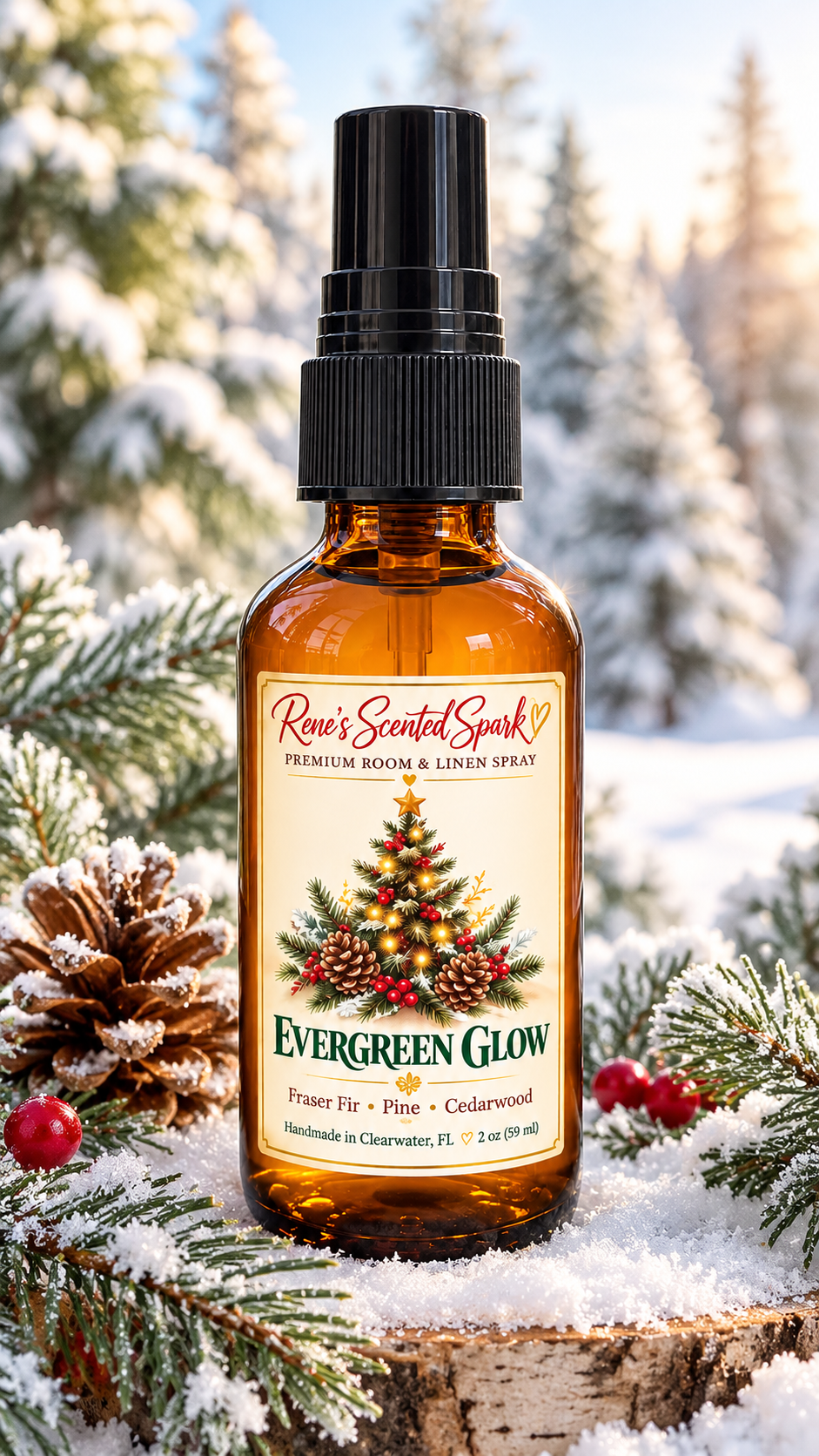 Evergreen Glow amber glass room spray in a snowy pine forest with pinecones and holly, Fraser fir Christmas tree scent