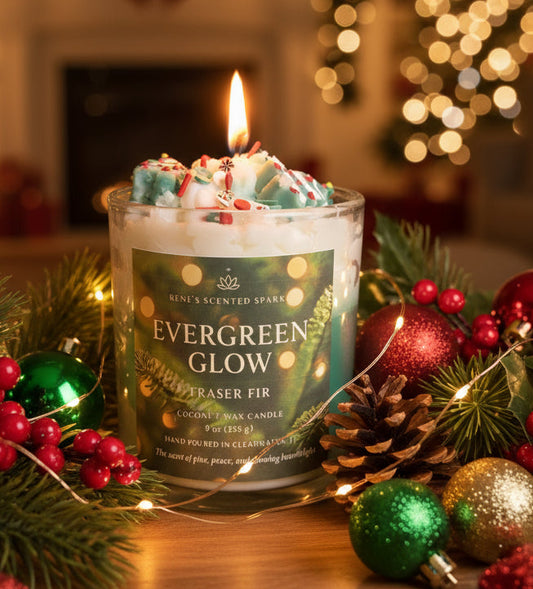 Candle labeled 'Evergreen Glow' surrounded by Christmas decorations on a wooden surface.