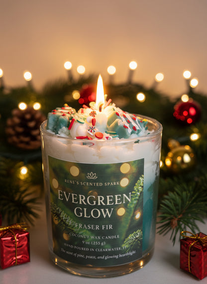 Decorative candle labeled 'Evergreen Glow' with festive elements on a green background