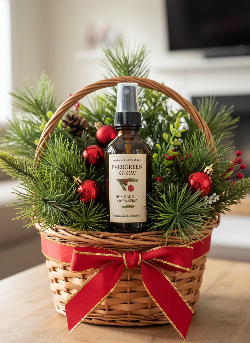 Amber glass bottle labeled “Evergreen Glow Home & Linen Spray” by René’s Scented Spark in a christmas basket