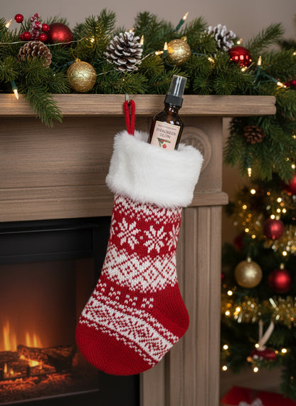 Amber glass bottle labeled “Evergreen Glow Home & Linen Spray” by René’s Scented Spark, displayed in a christmas stocking