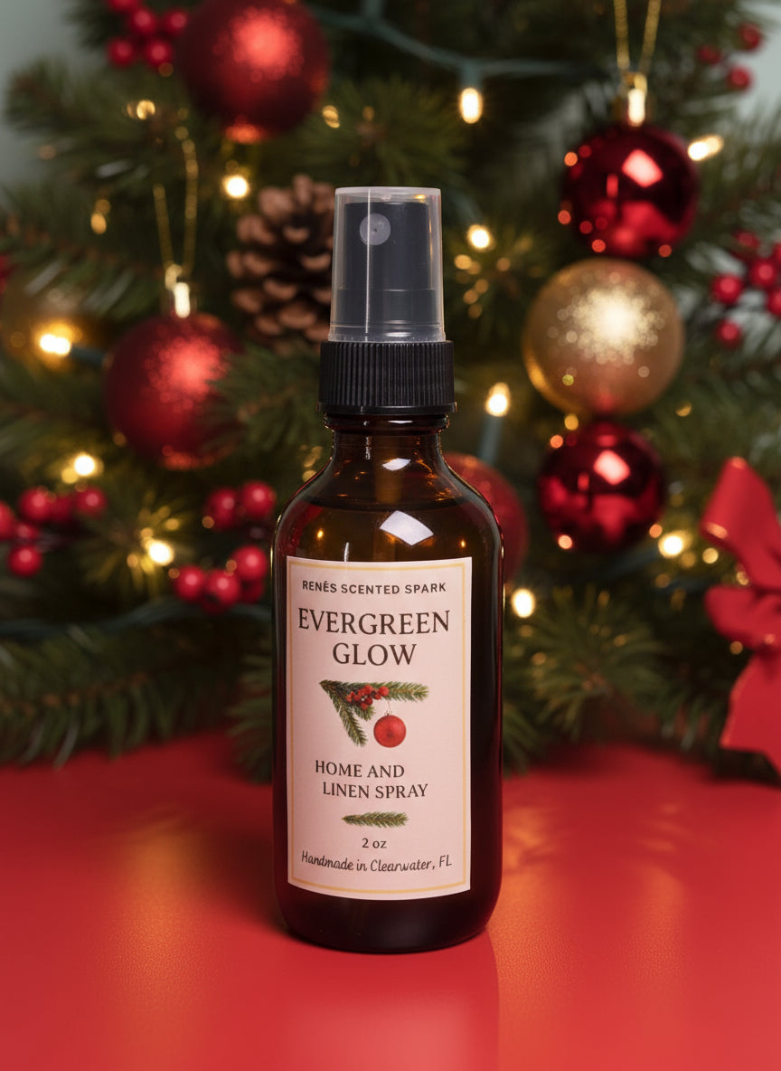 Amber glass bottle labeled “Evergreen Glow Home & Linen Spray” by René’s Scented Spark, displayed in front of a glowing Christmas tree with red and gold ornaments.