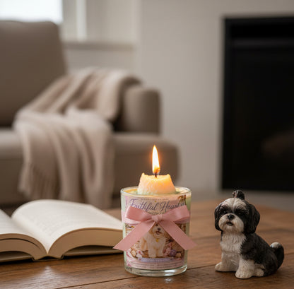 Lit Faithful Heart hand-poured coconut wax candle with a pink ribbon displayed beside a Shih Tzu figurine and an open book in a cozy living room. Thoughtful gift for dog lovers by Rene's Scented Spark.