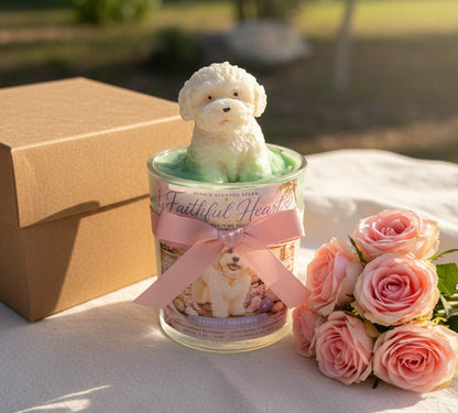 Decorative dog figurine in a jar with pink roses on a white surface outdoors.
