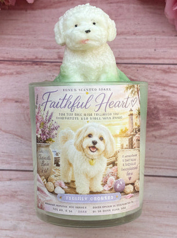 Faithful Heart Maltese Candle – Dog lover gift candle with whipped wax base on  table with shells