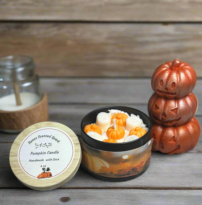 Hand-poured Mini Glow Candle in a 4 oz silver tin with pumpkin design, perfect for fall gifts or custom business branding