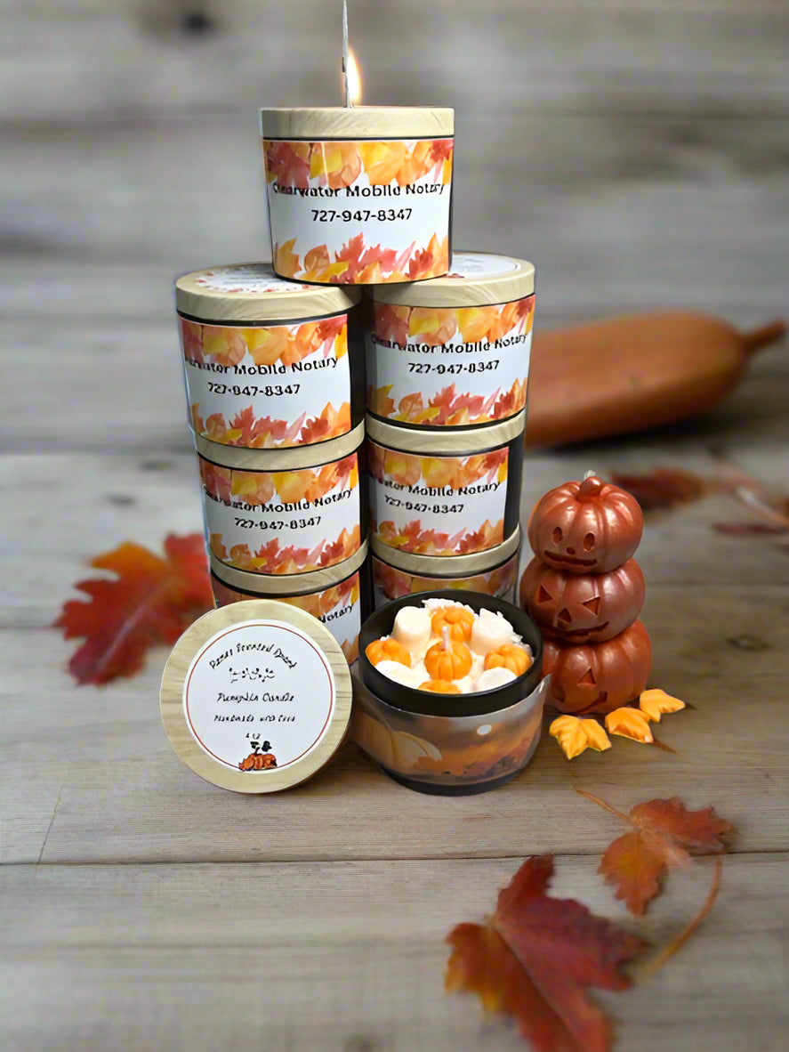 Hand-poured Mini Glow Candle in a 4 oz silver tin with pumpkin design, perfect for fall gifts or custom business branding