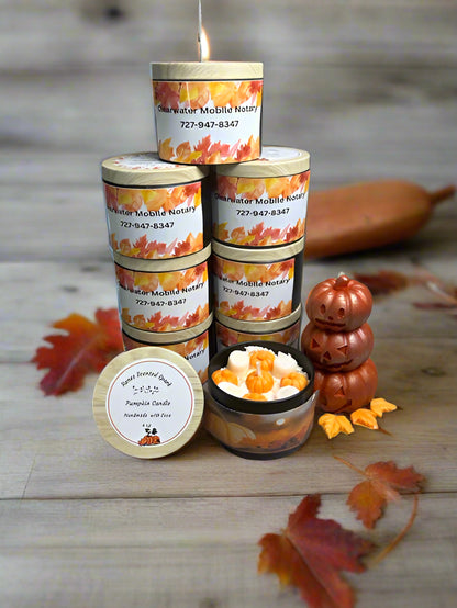 Hand-poured Mini Glow Candle in a 4 oz silver tin with pumpkin design, perfect for fall gifts or custom business branding