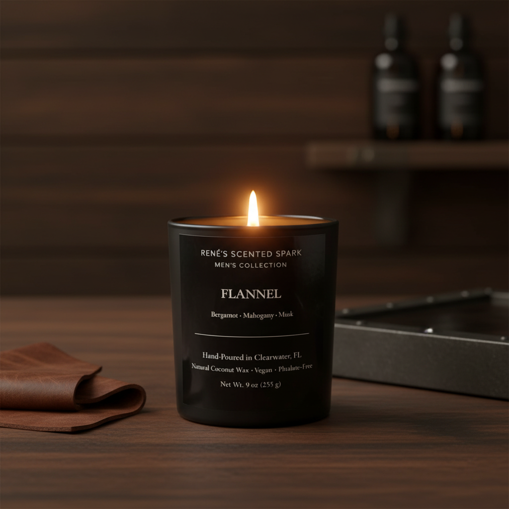 Flannel candle from Rene’s Scented Spark Men’s Collection burning in a black glass jar on a wooden table, with a leather wallet and warm wood background