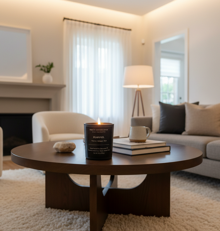 Flannel candle from Rene’s Scented Spark Men’s Collection burning on a coffee table in a bright living room.