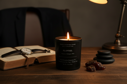 Flannel candle from Rene’s Scented Spark Men’s Collection burning on a desk beside a book and lamp.
