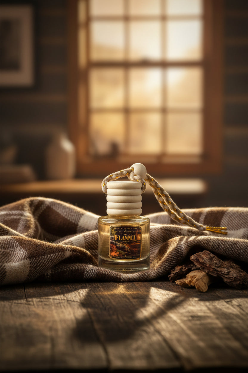 Flannel hanging car freshener by Rene's Scented Spark displayed on cozy plaid fabric with rustic wood accents and warm golden cabin lighting.