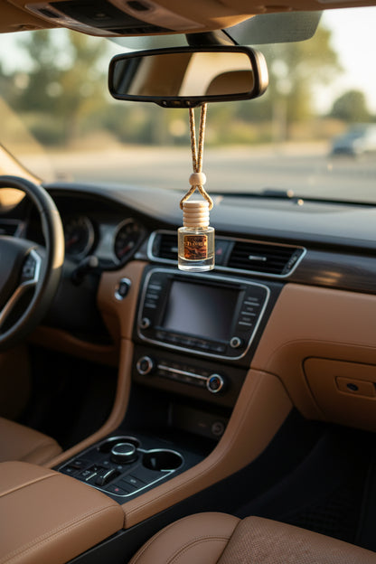 Flannel hanging car freshener by Rene's Scented Spark displayed from a rearview mirror inside a tan leather car interior with warm natural sunlight.