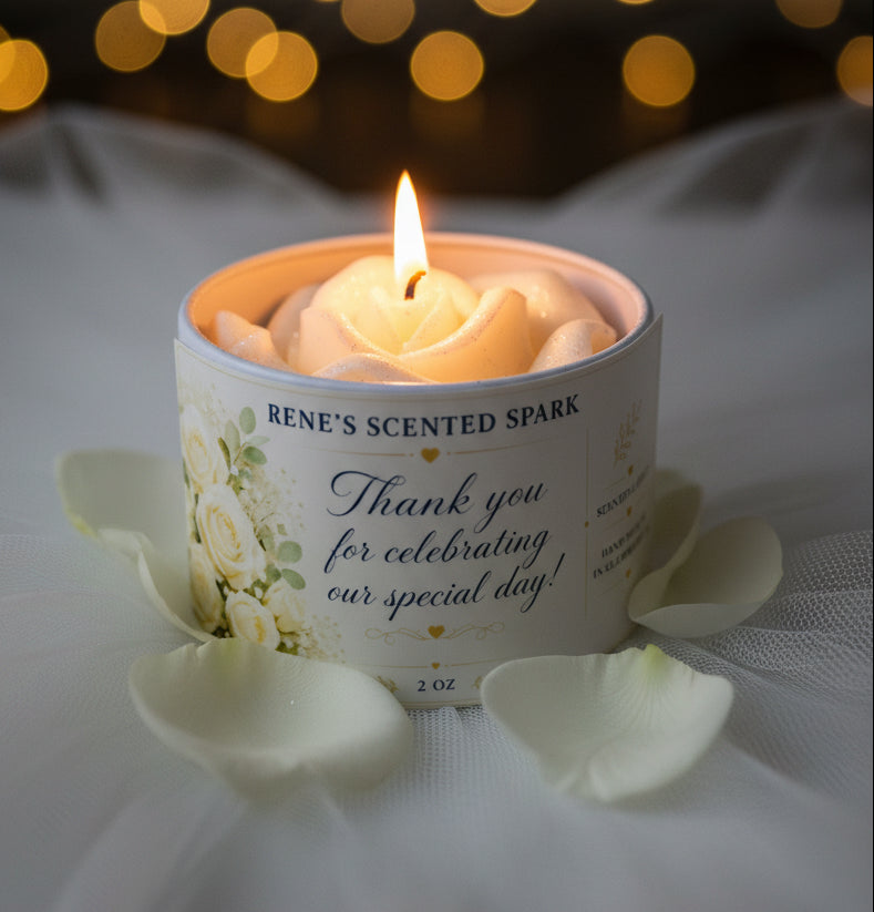 4 oz wedding favor candle with sculpted white rose wax topper and thank-you label, glowing among white rose petals and warm wedding lights.