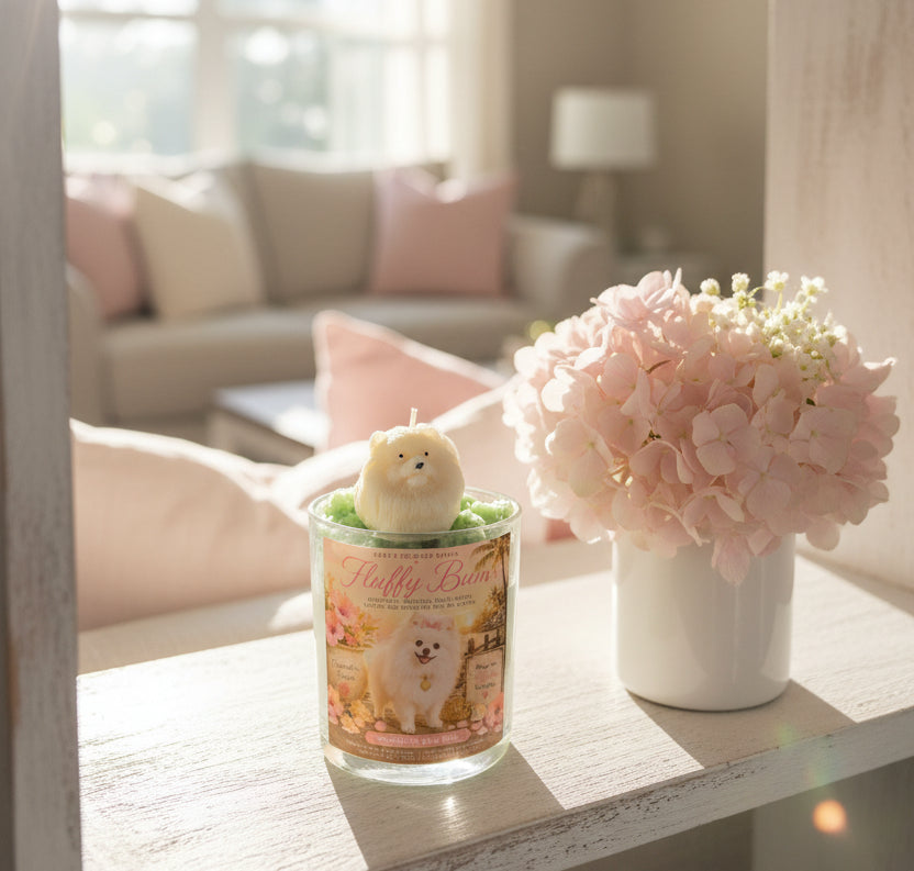 Candle with a dog design and pink flowers on a table in a living room.