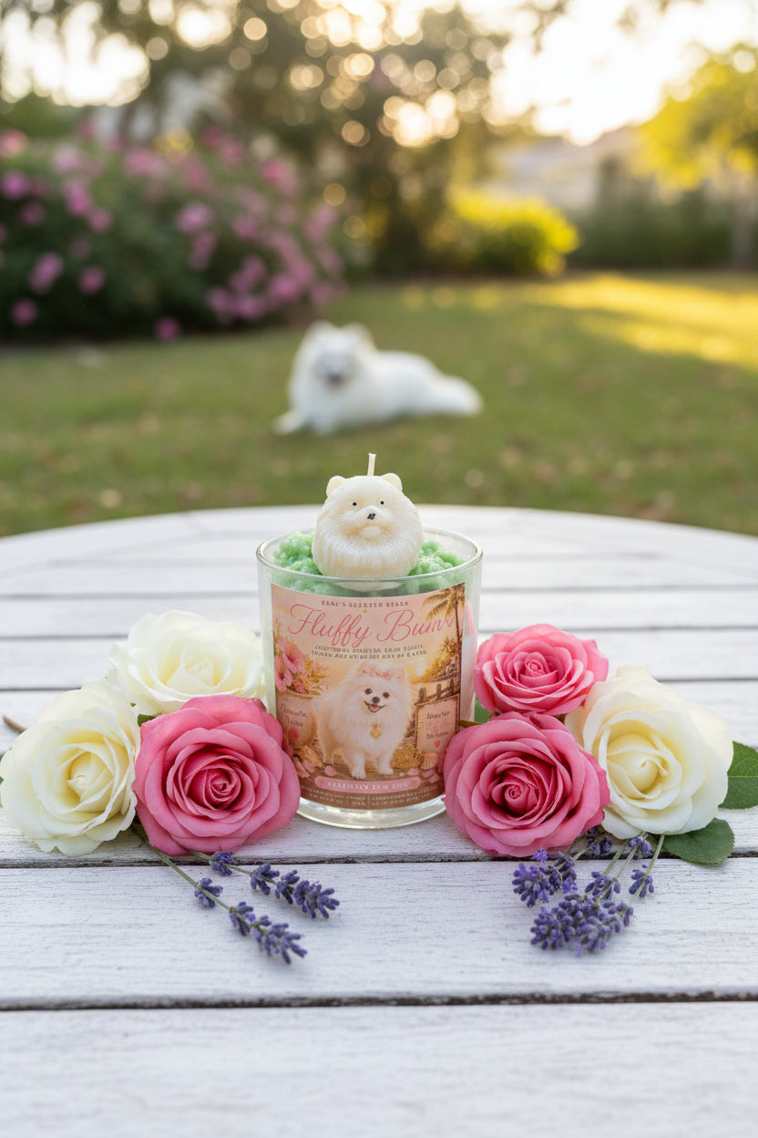 A luxury candle with a realistic white pomeranian dog wax topper displayed on a white garden table surrounded by blooming roses and lavender.