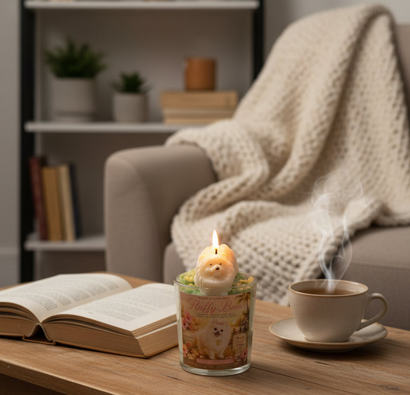 A handcrafted candle with a white pomeranian dog wax topper displayed beside an open book, a cup of tea, and a soft knit blanket in a cozy reading nook