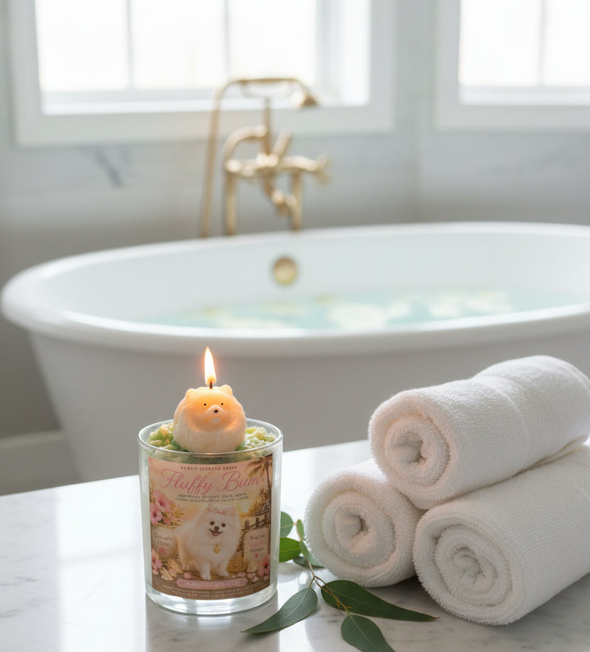 A handcrafted candle with a realistic Pomeranian dog wax topper displayed beside rolled white towels, fresh eucalyptus, and a soaking tub in a bright luxury spa bathroom.