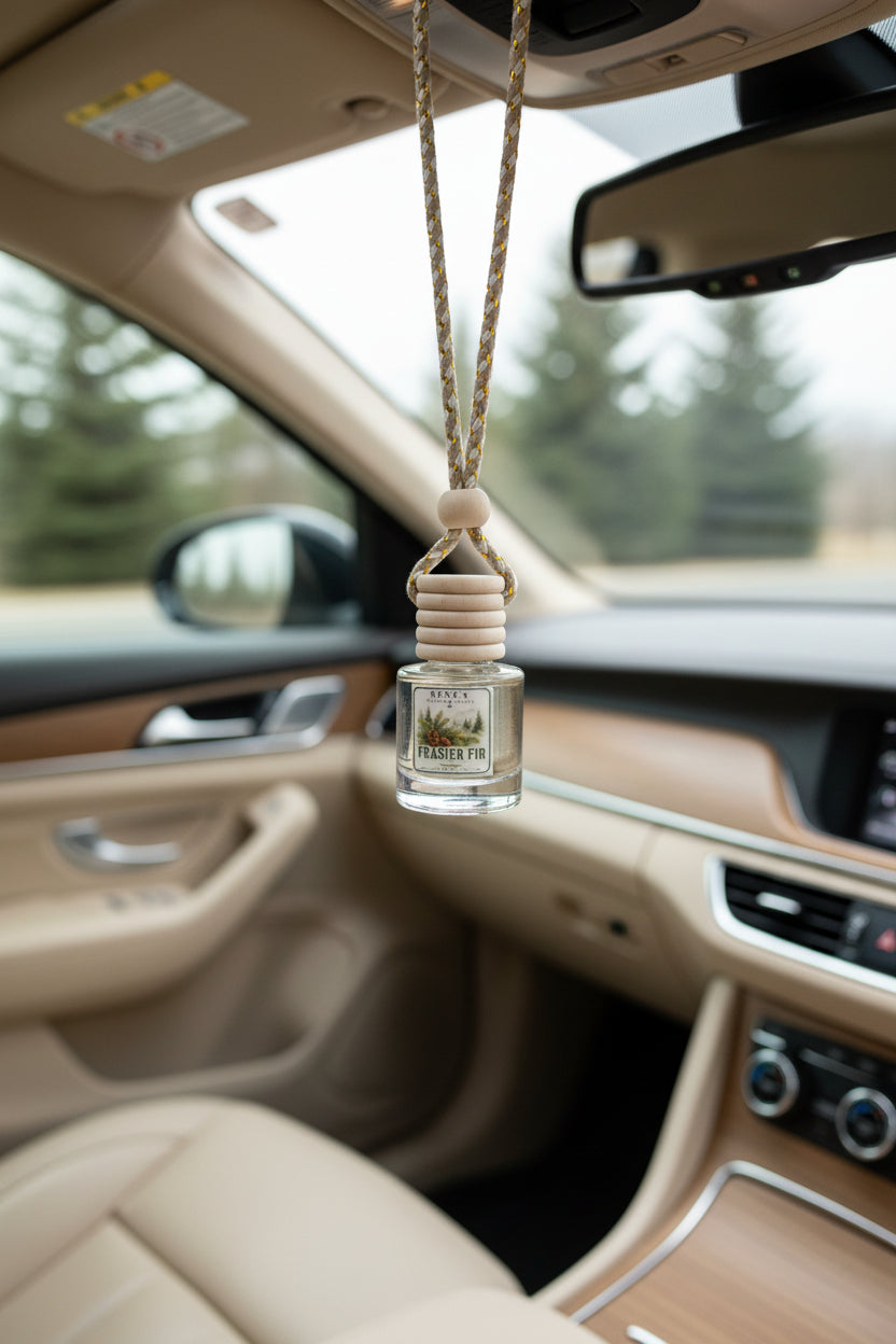 Frasier Fir hanging car air freshener with wooden diffuser cap displayed inside a beige car, with evergreen trees softly blurred outside the windows.