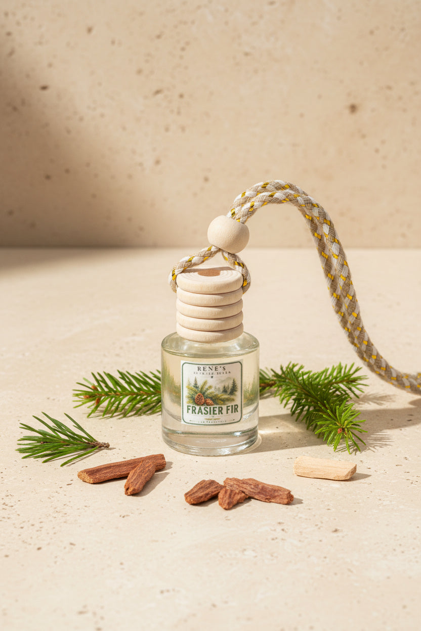Frasier Fir car air freshener with wooden diffuser cap styled with fresh evergreen branches and cedarwood pieces on a warm neutral stone background.